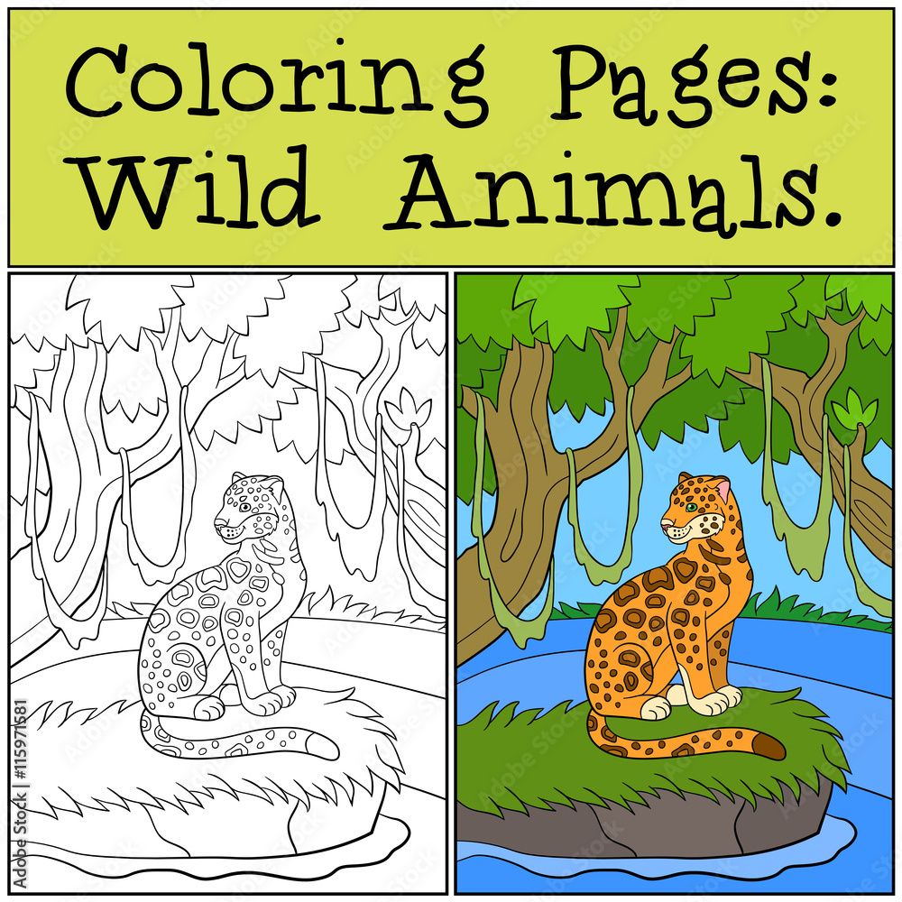 Fototapeta premium Coloring Pages: Wild Animals. Cute jaguar in the forest.
