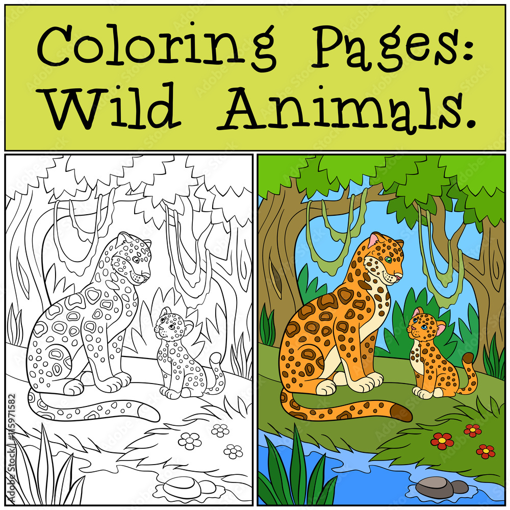 Fototapeta premium Coloring Pages: Wild Animals. Mother jaguar with her cub.