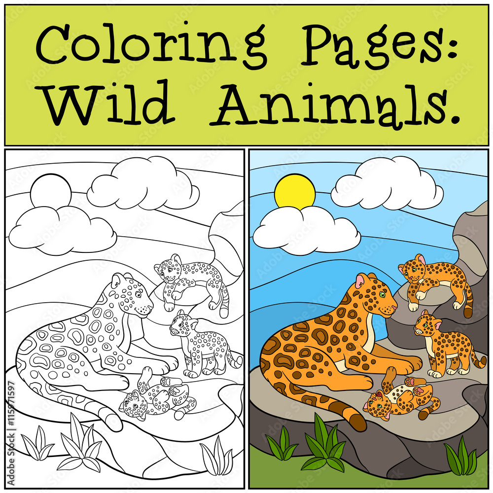 Naklejka premium Coloring Pages: Wild Animals. Mother jaguar with her cubs.