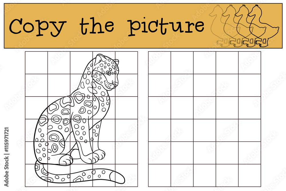 Fototapeta premium Educational game: Copy the picture. Cute spotted jaguar smiles.