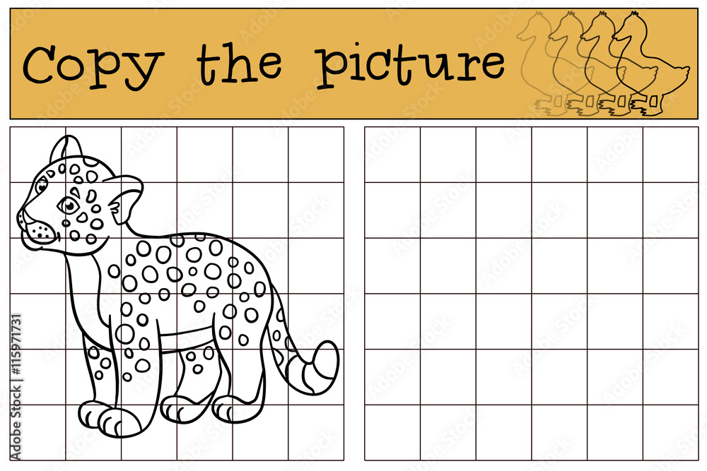 Fototapeta premium Educational game: Copy the picture. Little cute baby jaguar.
