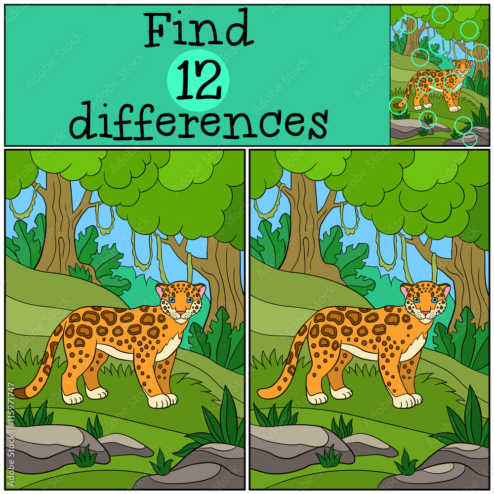 Naklejka premium Educational game: Find differences. Cute jaguar in the forest.