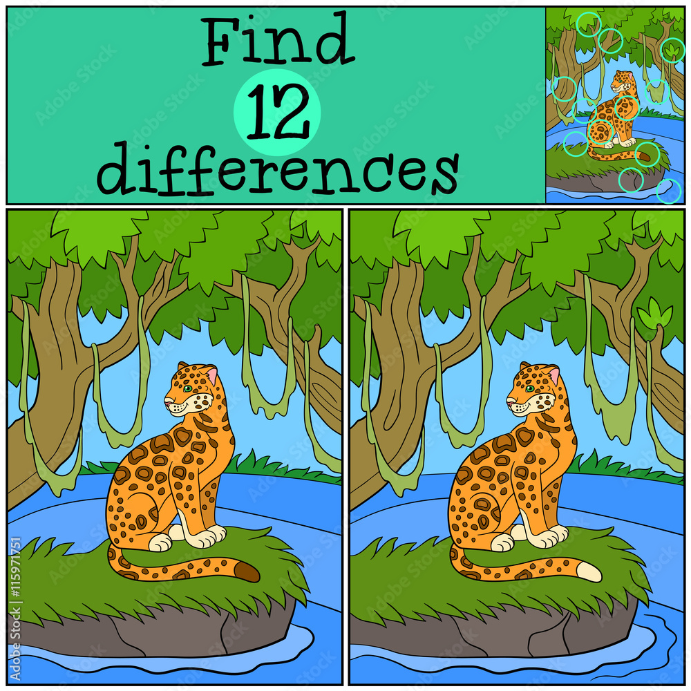 Naklejka premium Educational game: Find differences. Cute jaguar on the grass.