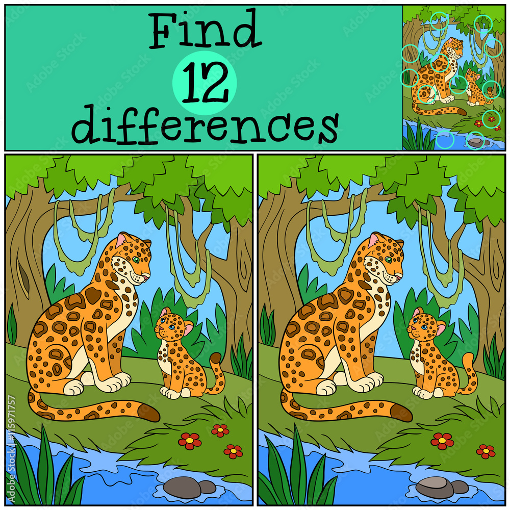 Naklejka premium Educational game: Find differences. Mother jaguar with her cub.
