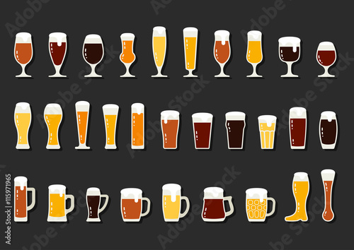 Vector icons set of beer with foam in mugs and glasses