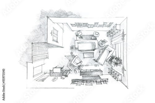 top view pencil drawing of living room in black and white