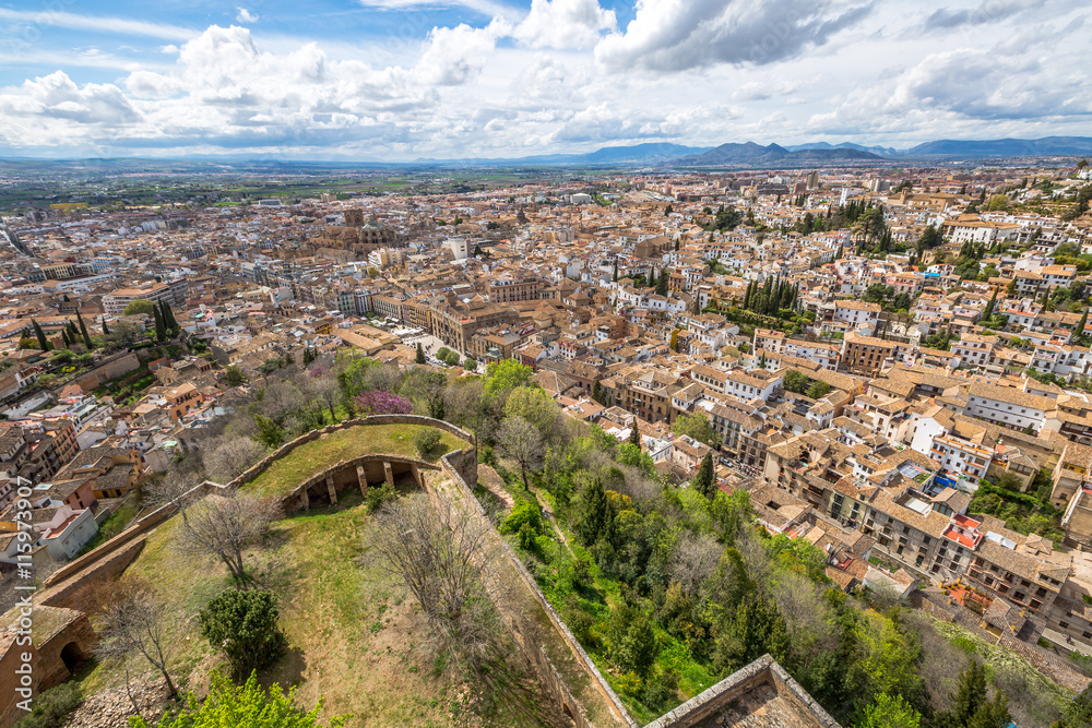 Aerial view of Granada town. Alcazaba of Alhambra de Granada in Andalusia, Spain.