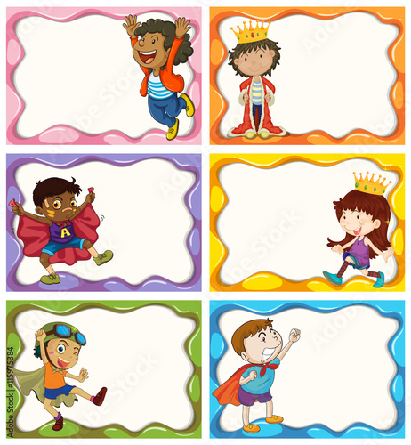 Label design with boys in costumes