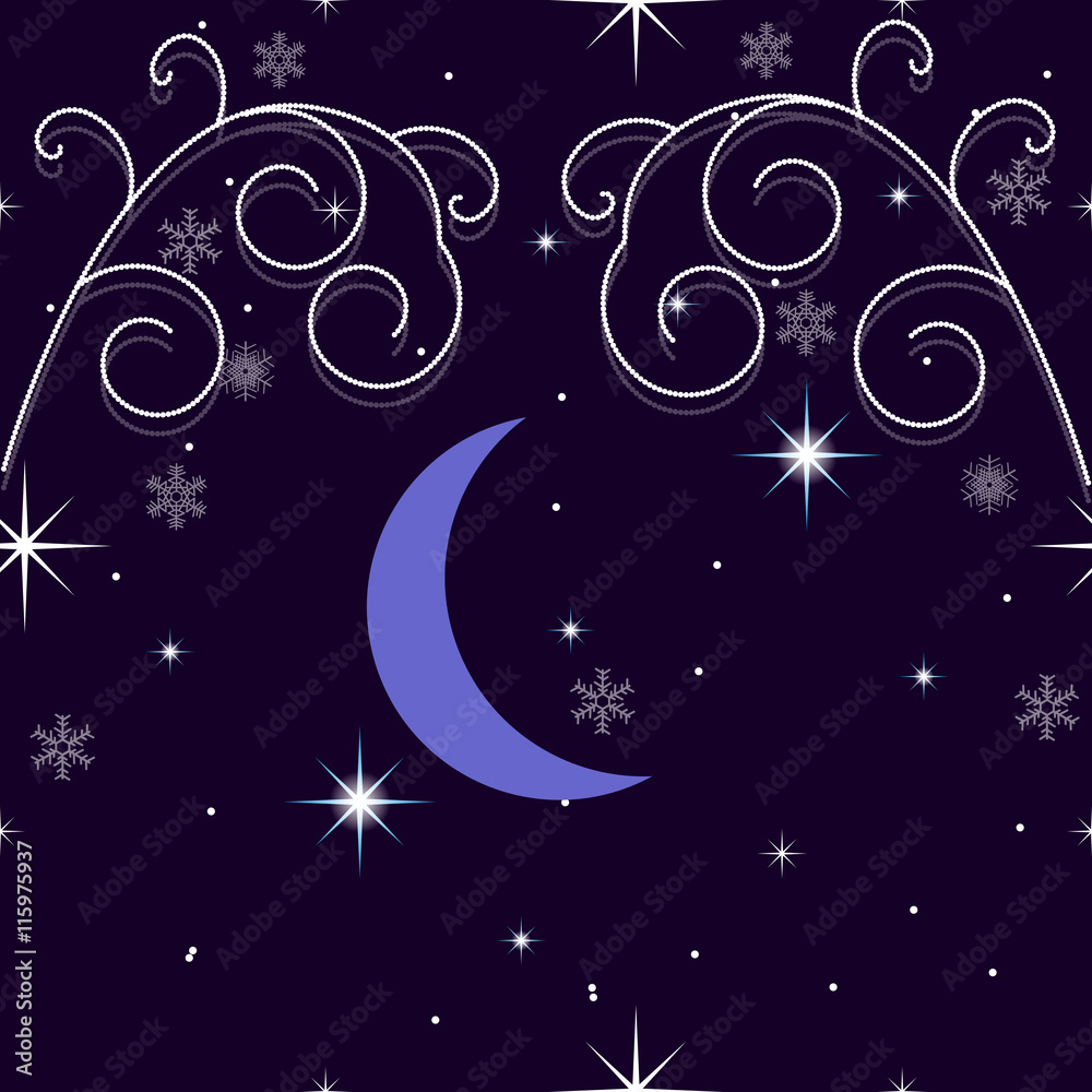 Winter background with snowflakes, stars, crescent moon and snow. Decorations for Christmas Winter background with snowflakes, stars, crescent moon and snow. Decorations for Christmas