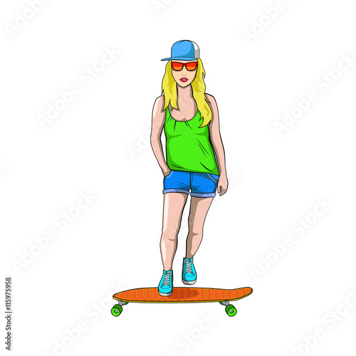 Girl with skateboard isolated on white background. Modern urban style. Vector illustration