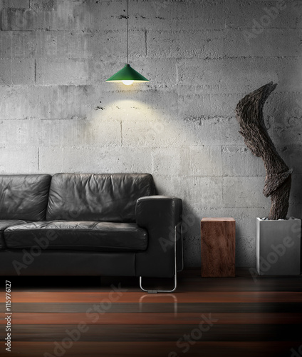 black sofa and wooden sculpture with light of lamp in loft living room