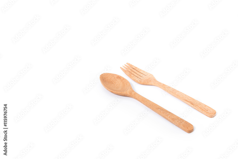 Wooden spoon and fork, on white background