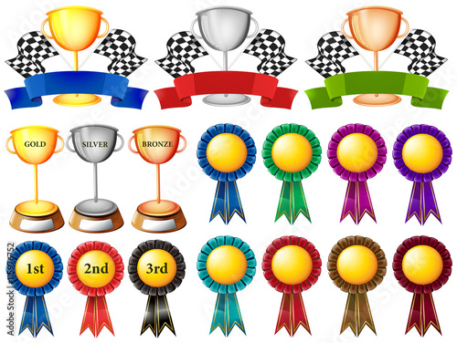 Set of trophy and ribbons