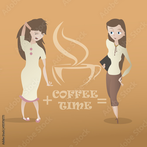 Cartoon sleepy and cheerful young woman characters and coffee cu