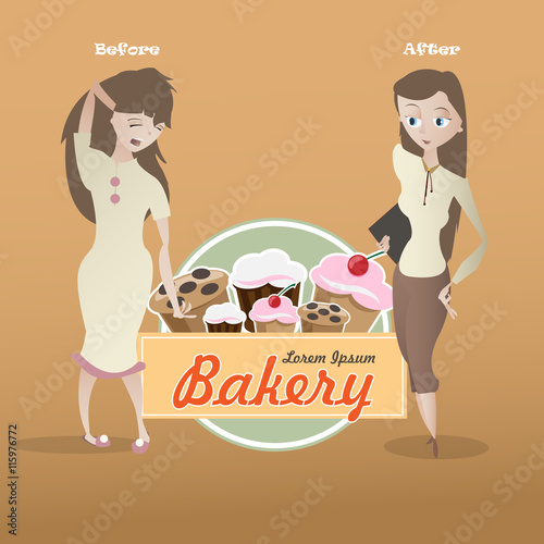 Cartoon sleepy and cheerful young woman characters and fresh bak