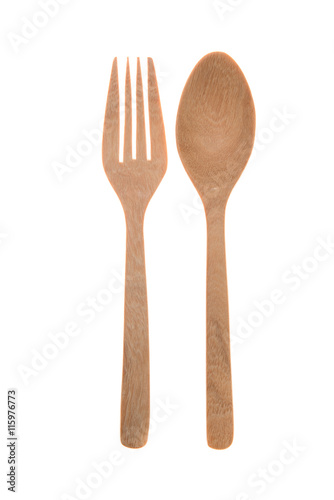 Wooden spoon and fork, on white background