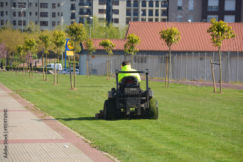 jardinero cortando la hierba de un jardín público photo