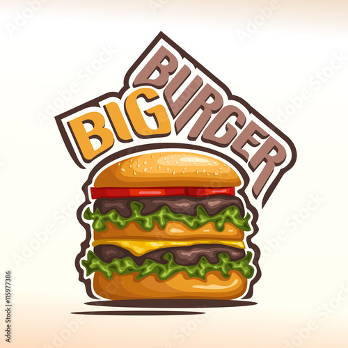 Vector logo big burger, consisting of bun with sesame seeds, meat veal beef hamburger grilled patty, slice cheese cheddar, tomato slices, leaf lettuce salad. Double Burger menu american fast food cafe