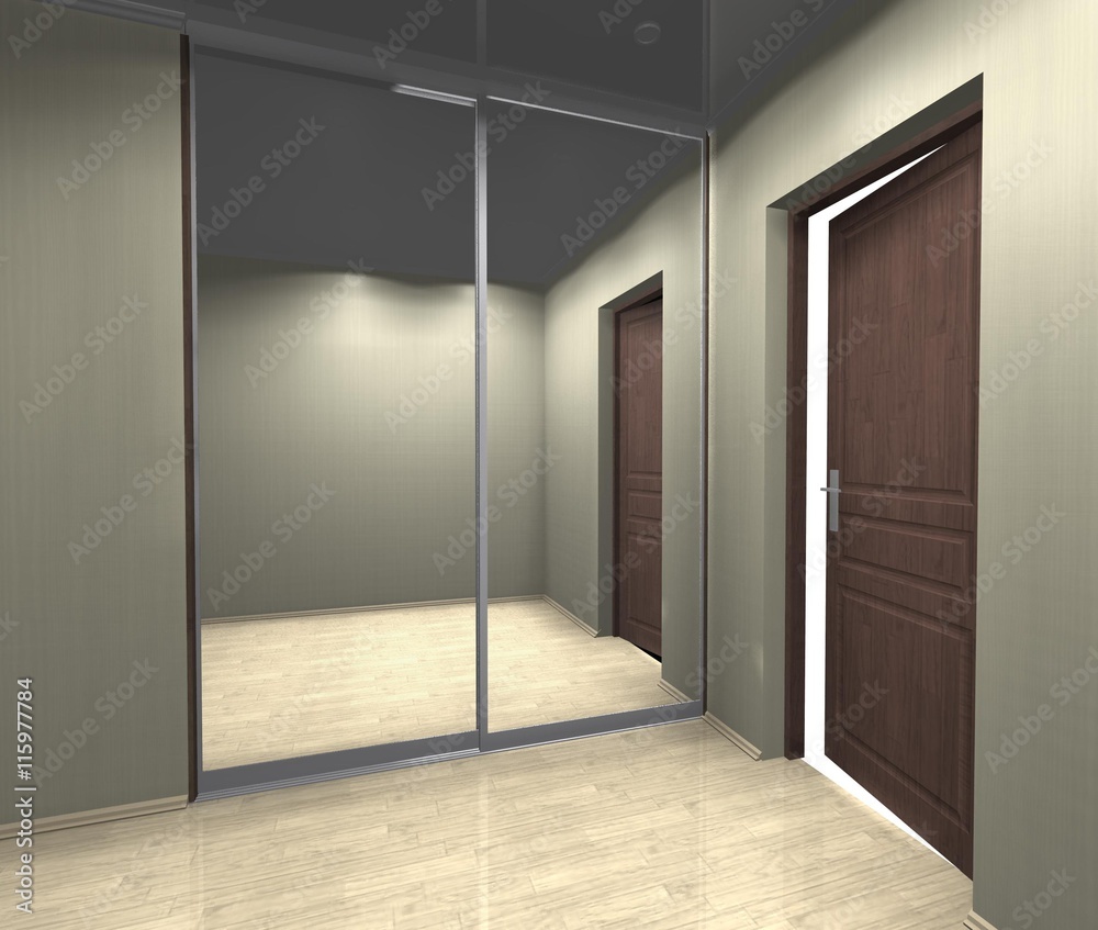 mirrored wardrobe with sliding doors, interior design 3D rendering mirrored wardrobe with sliding doors, interior design 3D rendering