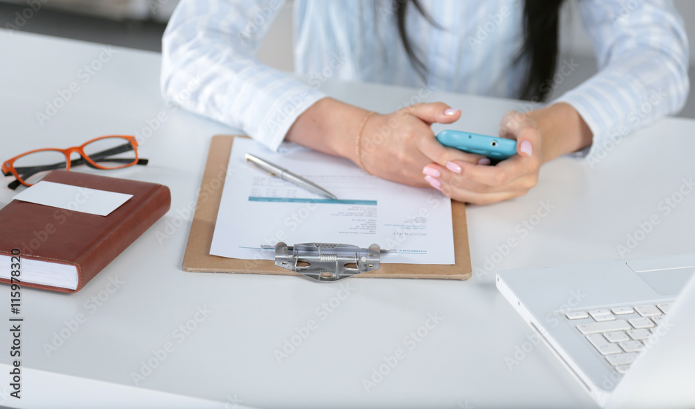 Fototapeta premium Young pretty business woman with notebook in the office