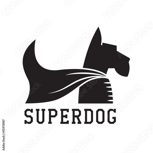 Superdog outline emblem. Super dog hero in heroic cape emblem. Scotch terrier in cloak.