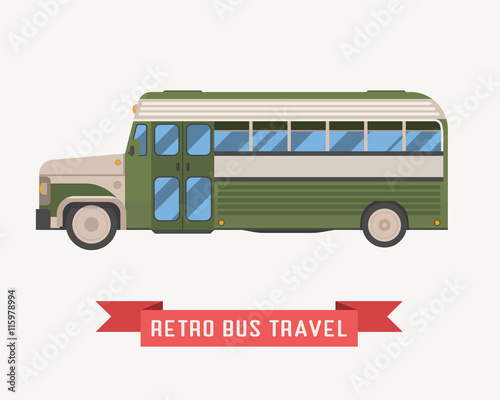 Old style travel omnibus illustration. American commuter retro coach. Tourist bus in green color. Vector autobus isolated on white background.