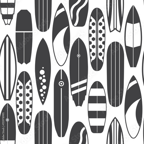 Sea surfing pattern with different type surf desks. Surfboard seamless background in black and white colors. Summer travel illustration. Outline surfboards backdrop.