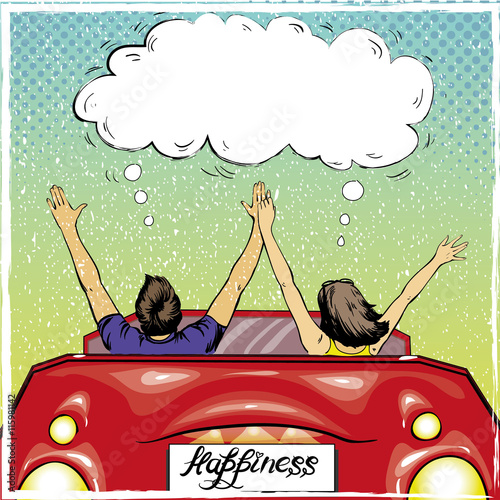 Happy couple in a car driving away. Vector illustration in retro pop art style. Love romance concept