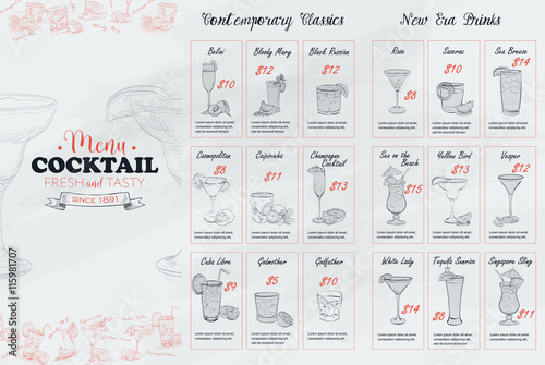Front Drawing horisontal cocktail menu design