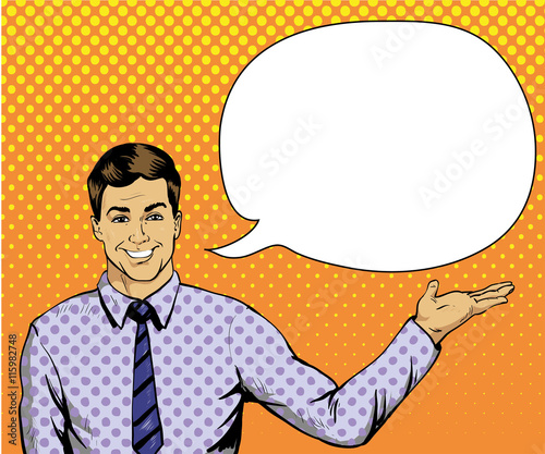 Man with speech bubble in retro pop art style. Comic vector illustration