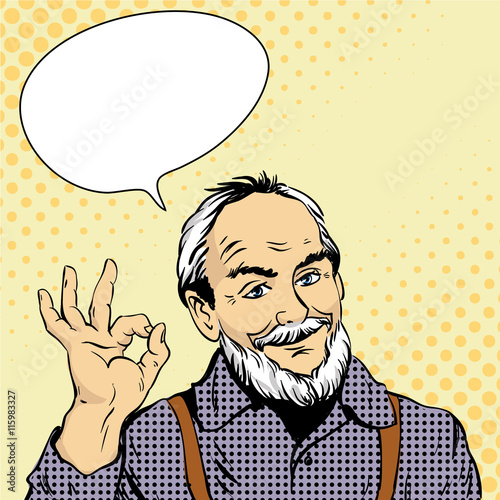 Old man shows OK hand sign. Vector illustration in retro comic pop art style. Design elements and stickers