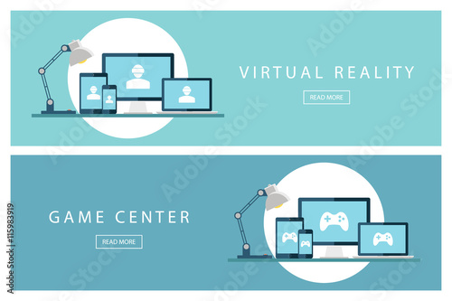 Set of flat design illustration concepts Virtual reality and Game center. Banners for web design, marketing and promotion. Presentation templates. Vector illustration.