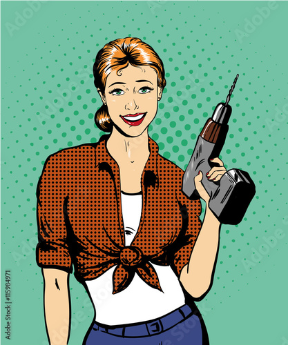 Woman with drill vector illustration in retro comic pop art style. Girl and hardware power tools