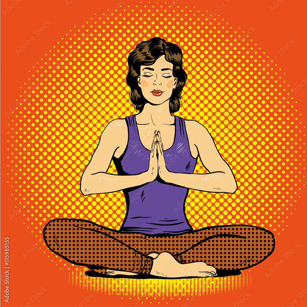 Meditating woman with speech bubble in retro pop art comic style. Mental  balance and yoga concept Stock Vector