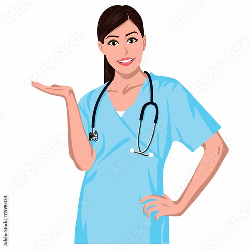 Smiling Medical Doctor Woman With Stethoscope. Present Something