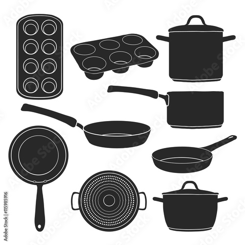 A set of silhouettes of kitchen utensils. Black silhouettes of pots, pans, baking molds. Utensils for cooking. Baking tools. Silhouettes kitchenware. Vector