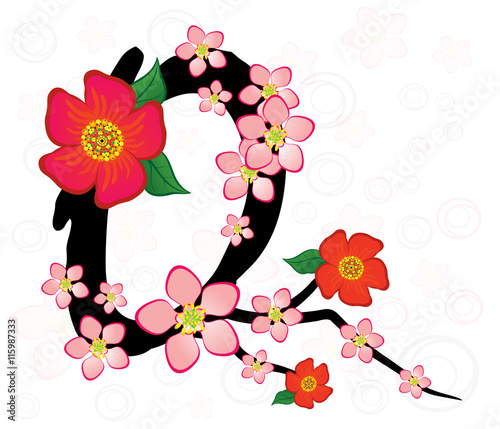 Alphabet with gentle sakura flowers.