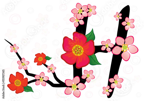 Alphabet with gentle sakura flowers.