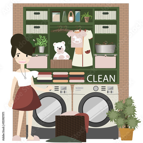 Laundry room with washing machine. Flay Style  vector illustration