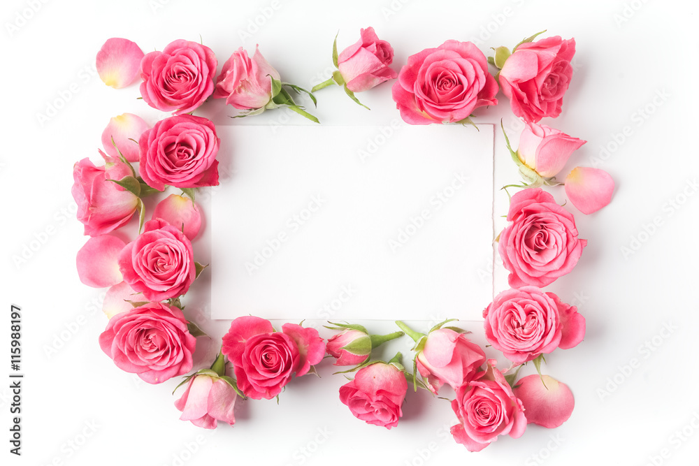 Framework from roses on white background. Flat lay. Top view Framework from roses on white background. Flat lay. Top view
