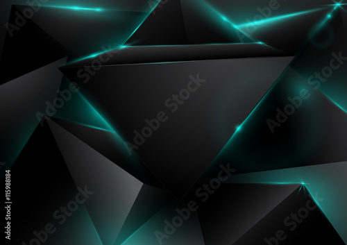 Abstract Black Polygons Technology Background. Green lights effe