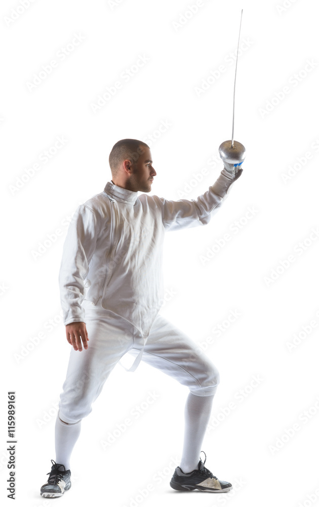 Fencing athlete wins the competition isolated in white background Fencing athlete wins the competition isolated in white background