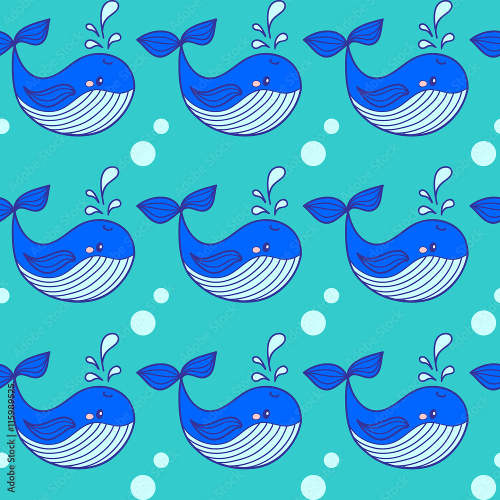 Naklejka premium Cute background with cartoon blue whales. Baby shower design. Seamless pattern can be used for wallpapers, pattern fills, surface textures.