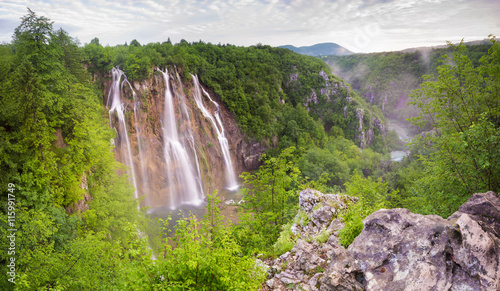 Plitvice waterfalls at sunrise