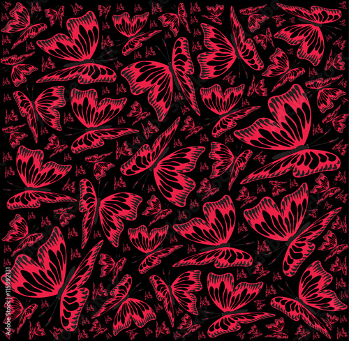 The pattern is made up of red butterflies on a black backgroun