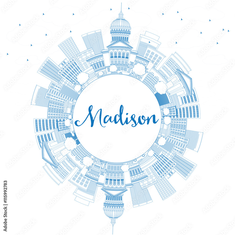 Obraz premium Outline Madison Skyline with Blue Buildings and Copy Space.