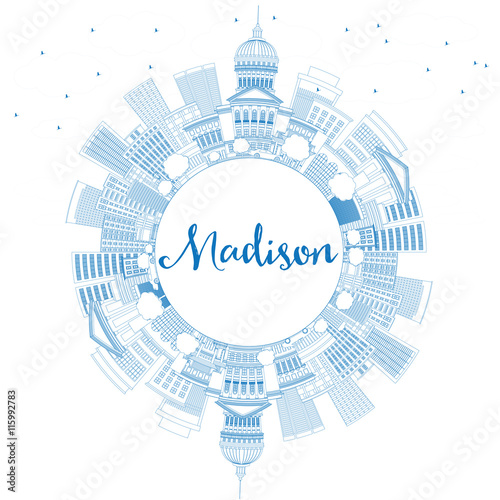 Outline Madison Skyline with Blue Buildings and Copy Space.