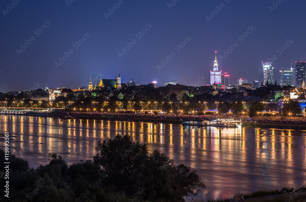 Night view of Warsaw waterfront and old city