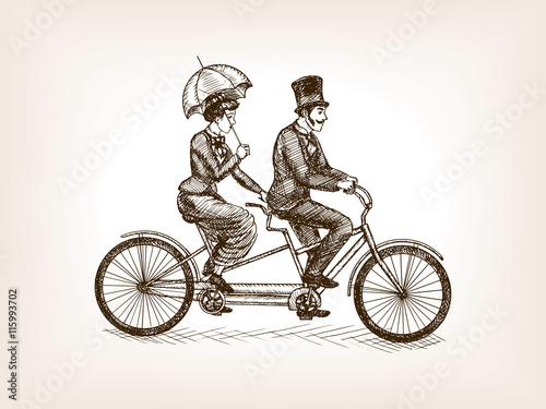 Vintage lady and gentleman bicycle sketch vector
