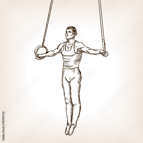 Gymnast on rings sketch style vector illustration